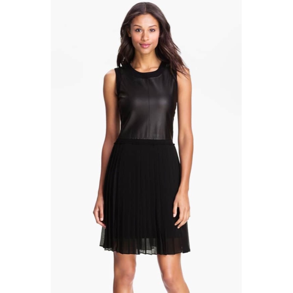BCBGMAXAZRIA Leather Top Pleated Bottom Dress